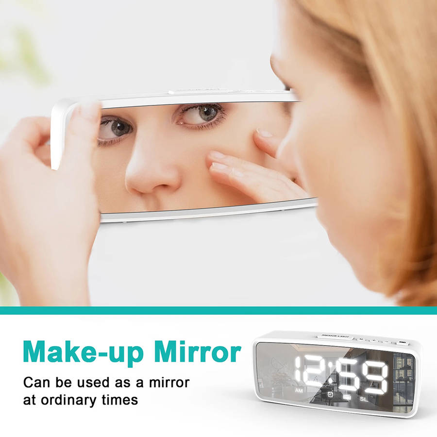 Digital Alarm LED Mirror Clock with FM Radio Snooze 3 Levels Dimmer - White