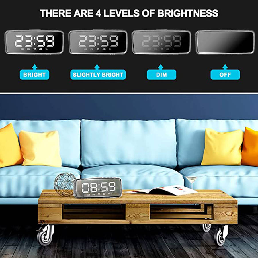 Digital Alarm LED Mirror Clock with FM Radio Snooze 3 Levels Dimmer - White