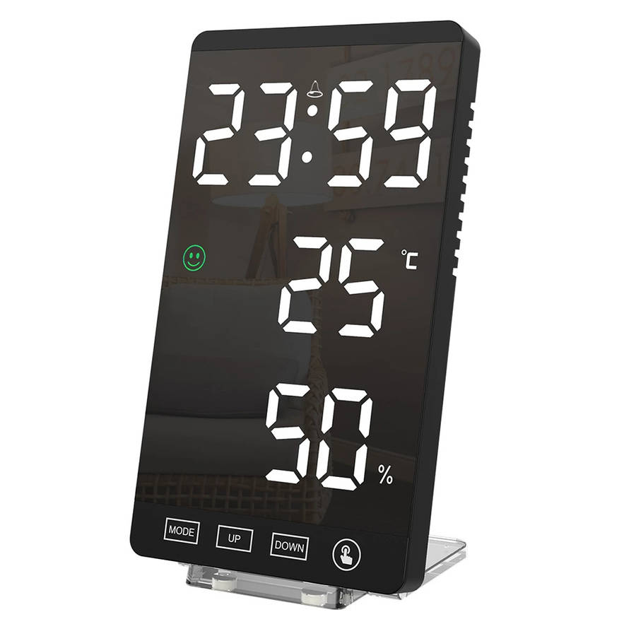 Mirror LED Clock with Alarm Snooze T & H Display (Black Shell - White Font)