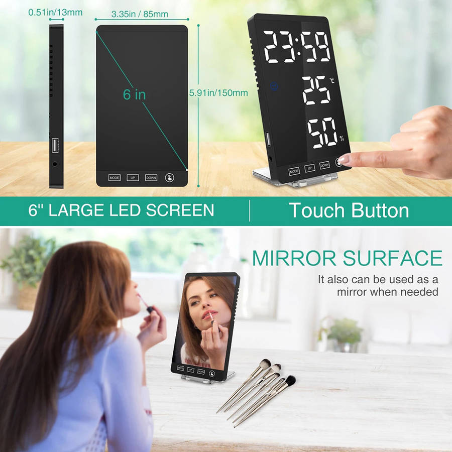 Mirror LED Clock with Alarm Snooze T & H Display (Black Shell - White Font)