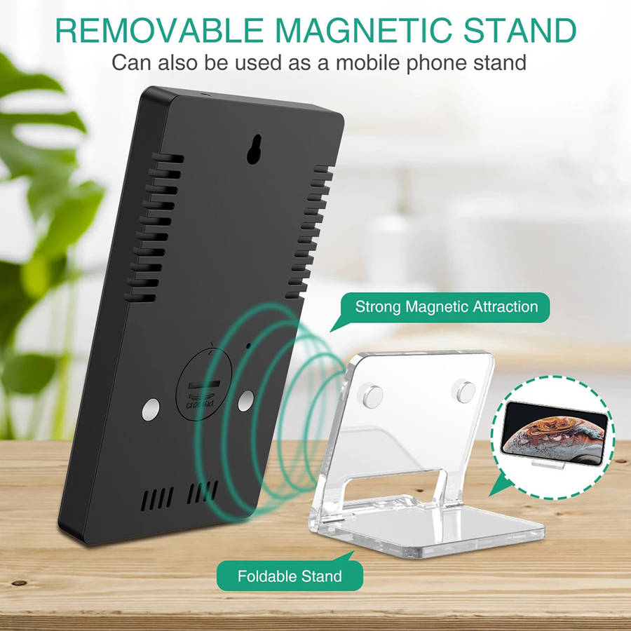 Mirror LED Clock with Alarm Snooze T & H Display (Black Shell - White Font)