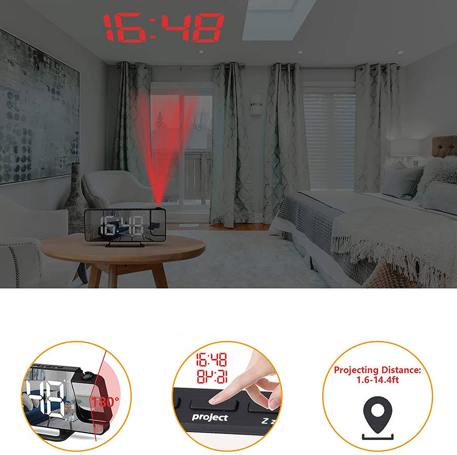 180° Mirror LED Projection Clock with Dual Alarms Snooze T & H Display