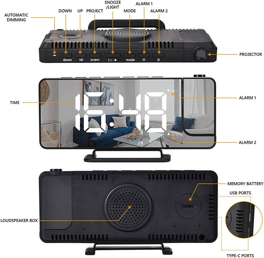 180° Mirror LED Projection Clock with Dual Alarms Snooze T & H Display