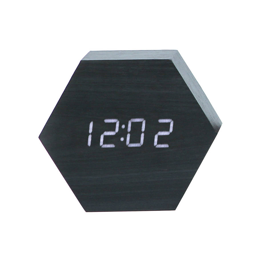Portable Hexagon Wooden Shape Digital Desk Alarm Clock