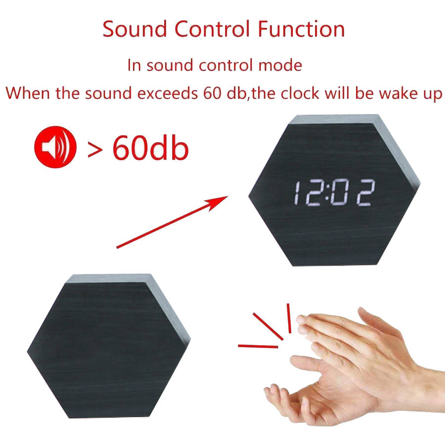 Portable Hexagon Wooden Shape Digital Desk Alarm Clock