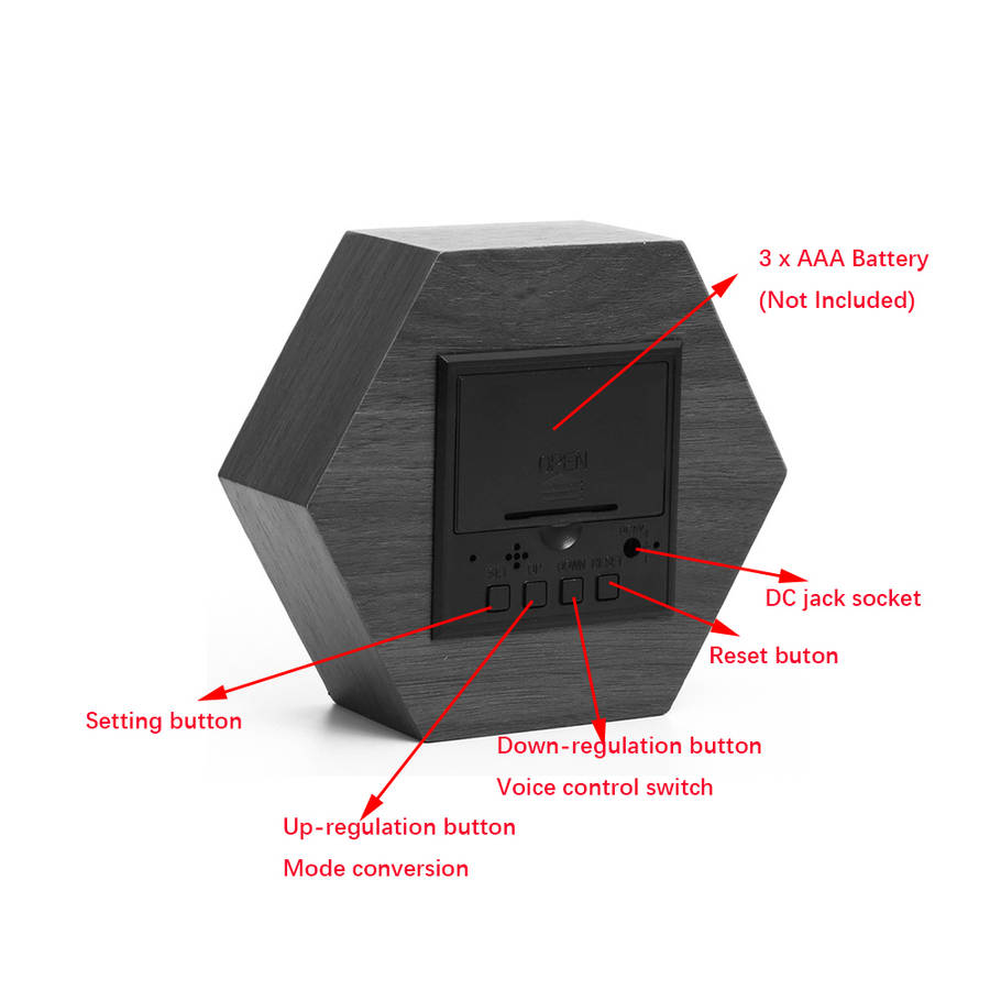 Portable Hexagon Wooden Shape Digital Desk Alarm Clock