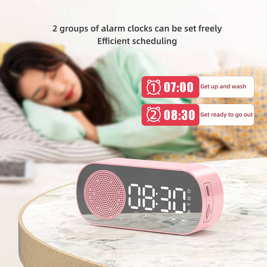 LCD Mirror Dual Alarm Clock With TF Card Bluetooth Speaker FM Radio - Pink