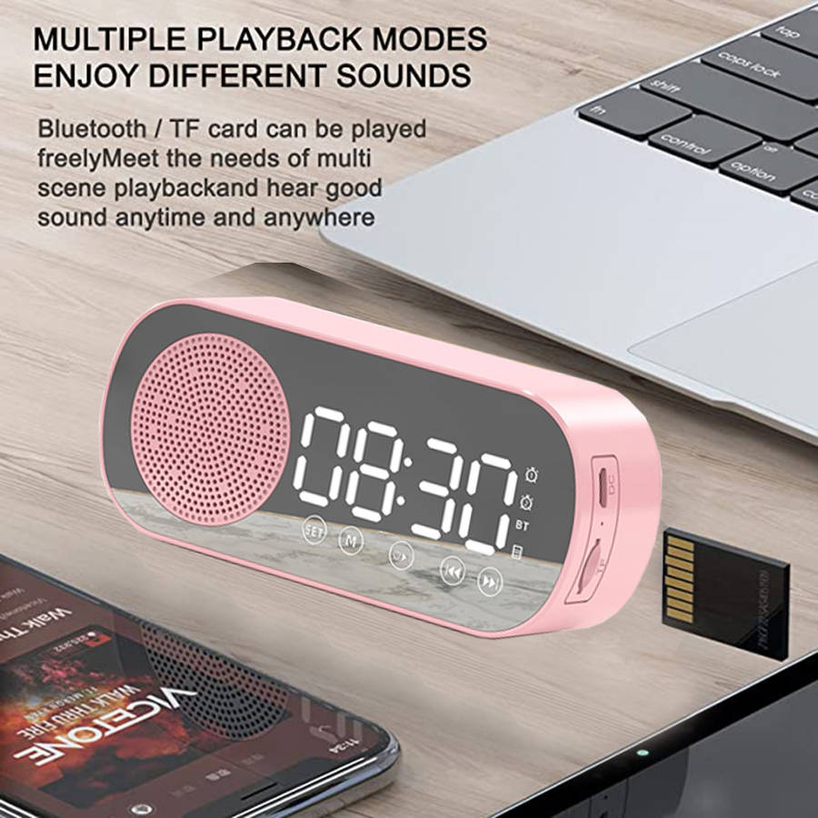 LCD Mirror Dual Alarm Clock With TF Card Bluetooth Speaker FM Radio - Pink