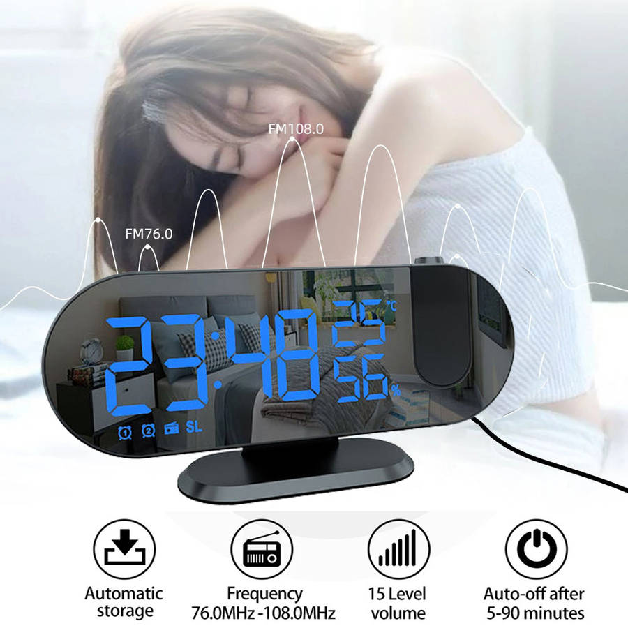 180° Mirror LED Projection Alarm Clock with FM Snooze T & H Display
