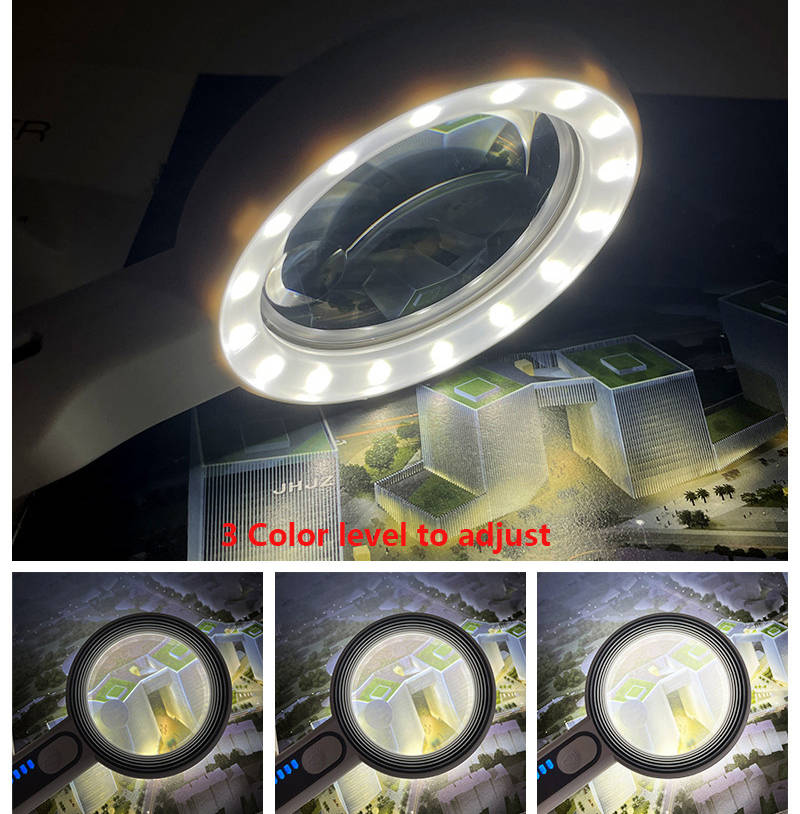3 Light Levels Touch Switch 6X 12X Handheld Magnifying Glass with 16 LED