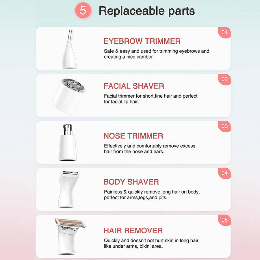 Portable 5-in-1 Women's Electric Razor Set for Body Eyebrow Nose Underarm