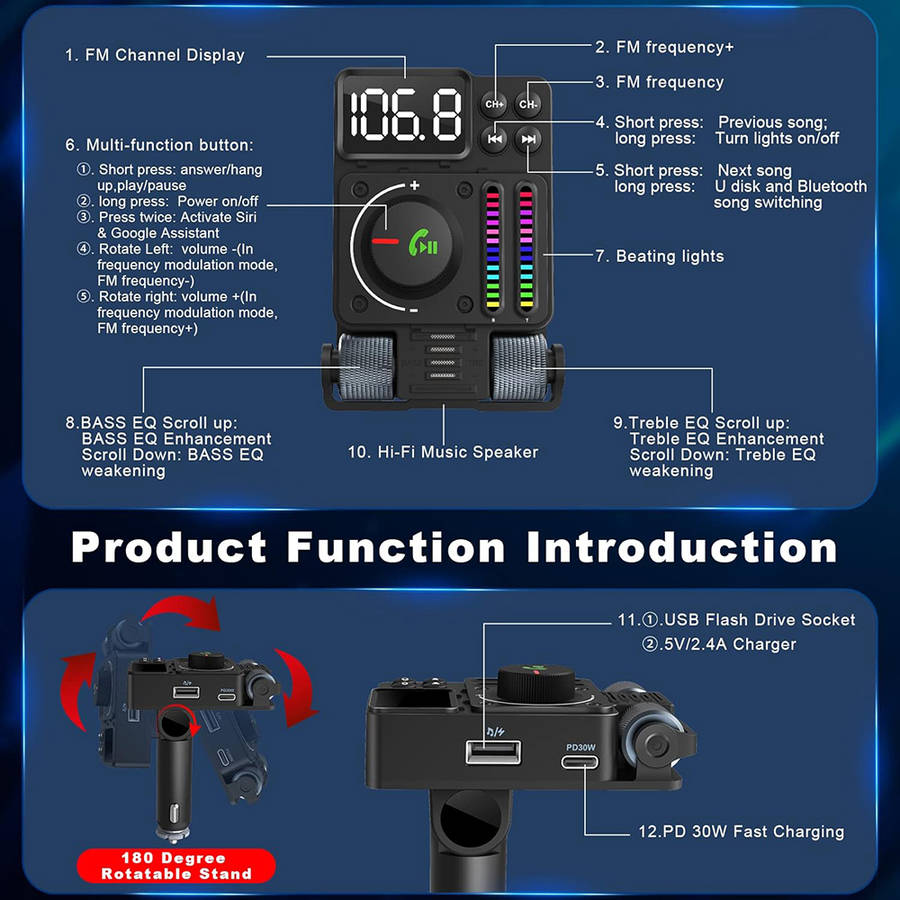 Wireless In-Car Bluetooth 5.3 FM Transmitter Radio Adapter