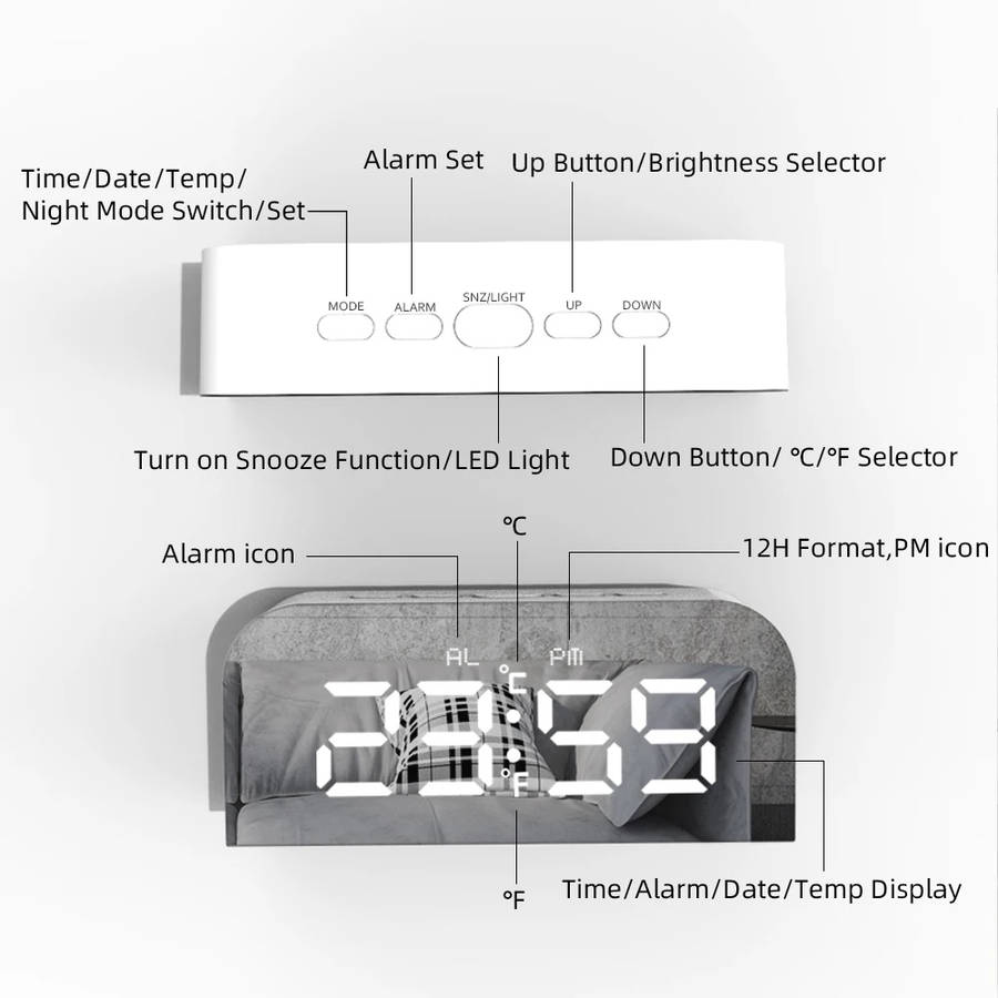 LED Mirror Clock with Alarm Snooze for Home Office - White