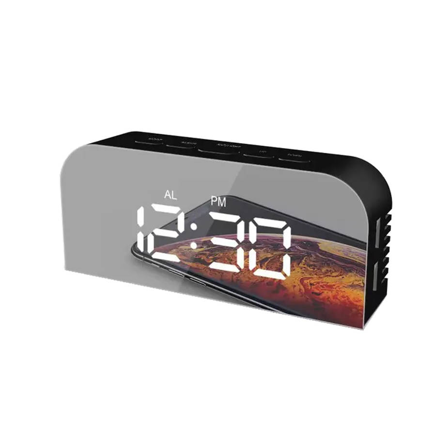 LED Mirror Clock with Alarm/Snooze/Temperature for Home Office - Black