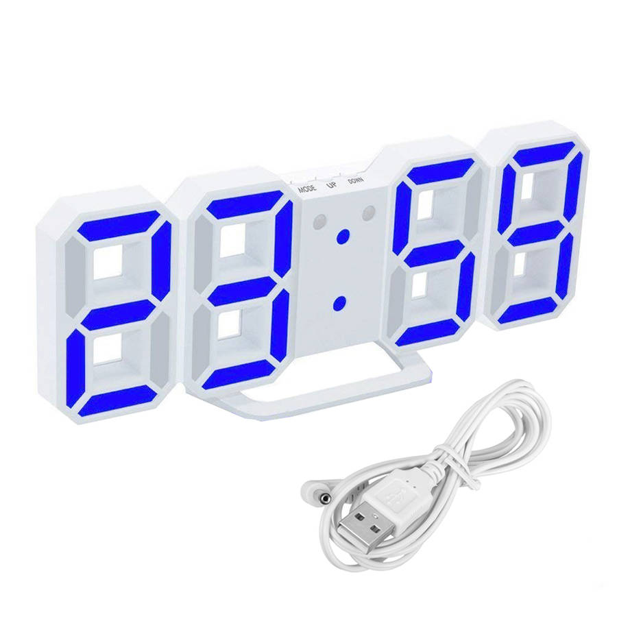 3D Modern Digital LED Table Desk Wall Alarm Clock-White&Blue