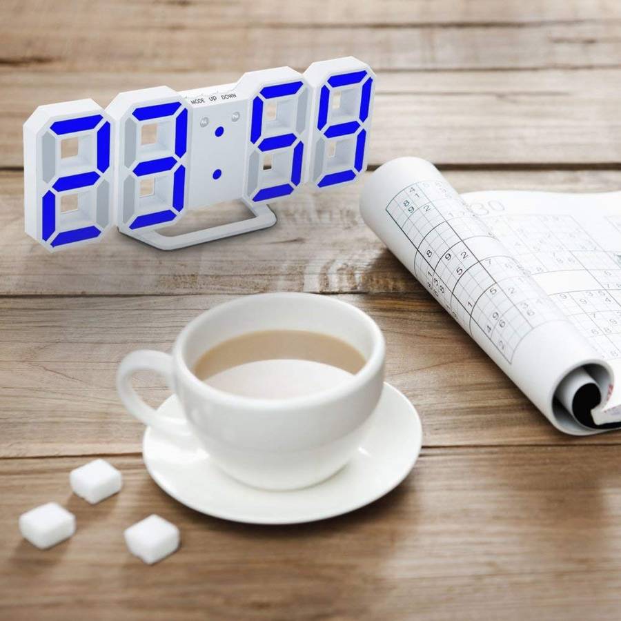 3D Modern Digital LED Table Desk Wall Alarm Clock-White&Blue