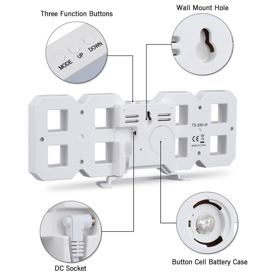 3D Modern Digital LED Table Desk Wall Alarm Clock-White&Blue