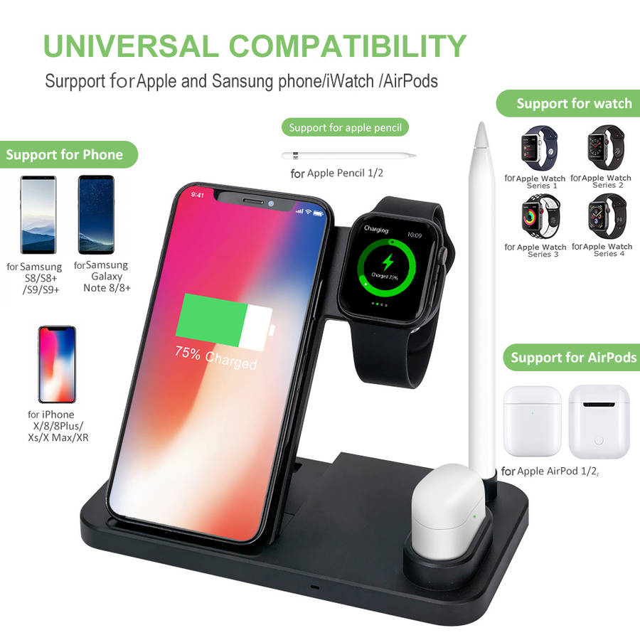 10W Qi Wireless 4 in 1 Charging Dock Station For iPhone 11 Airpods iWatch