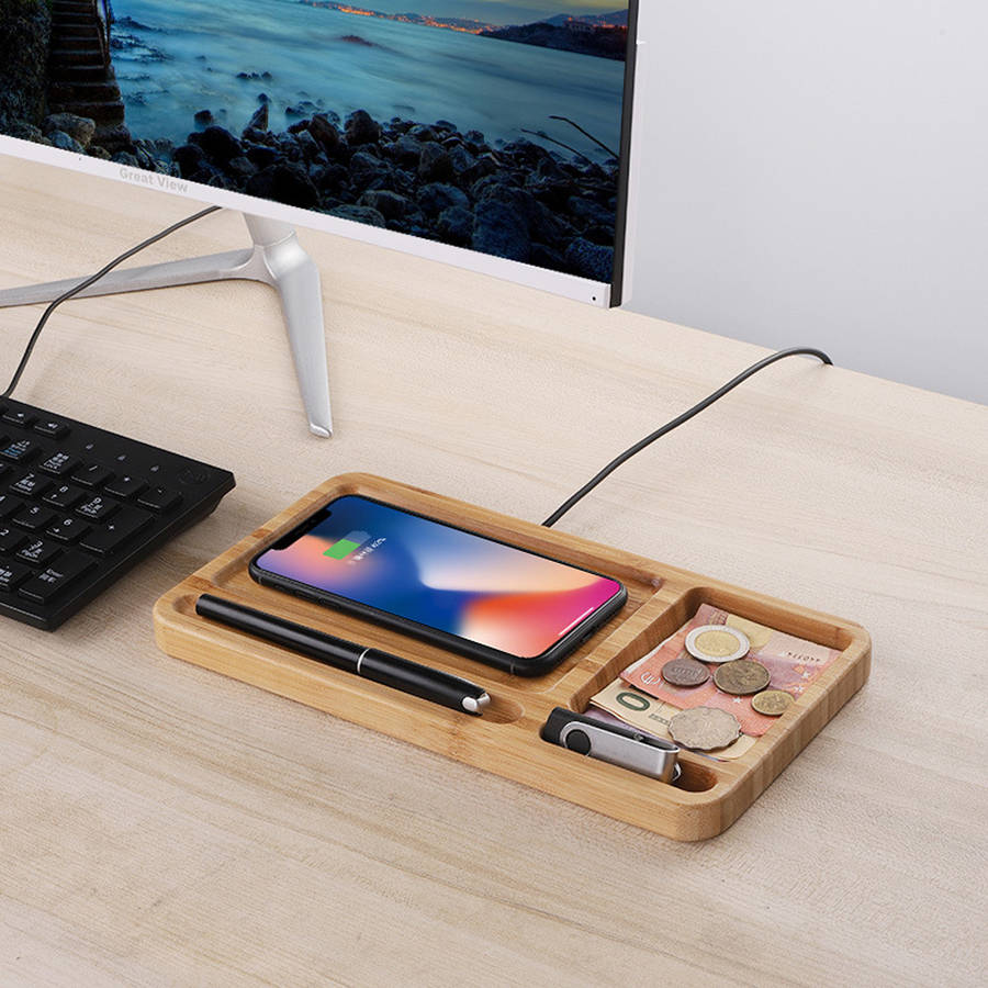 Bamboo Wood Wireless Charging Pad Desktop Organizer Wireless Charger
