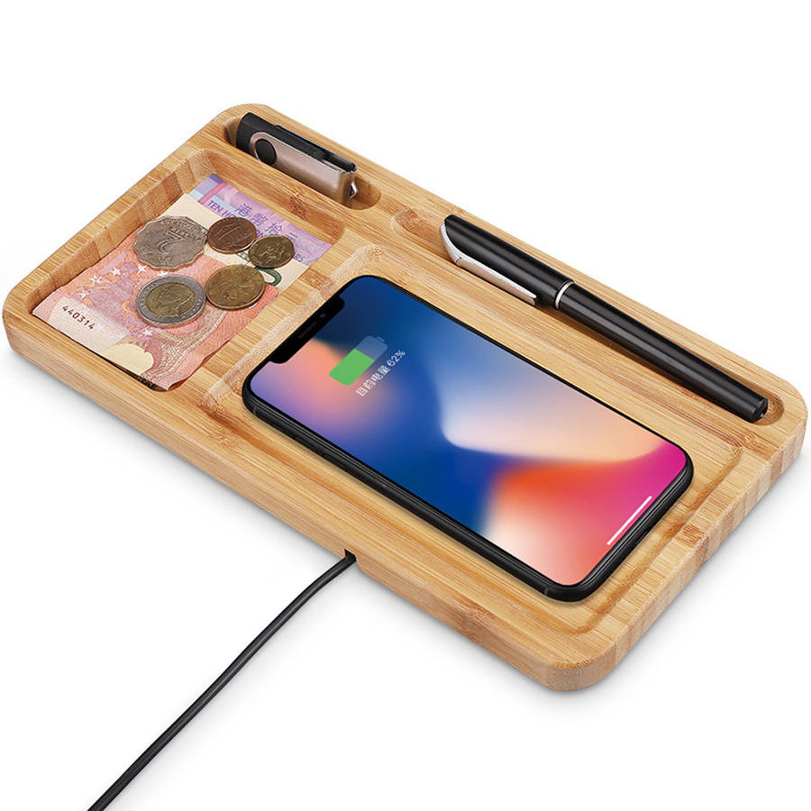 Bamboo Wood Wireless Charging Pad Desktop Organizer Wireless Charger