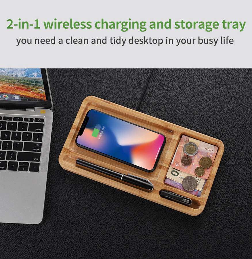 Bamboo Wood Wireless Charging Pad Desktop Organizer Wireless Charger