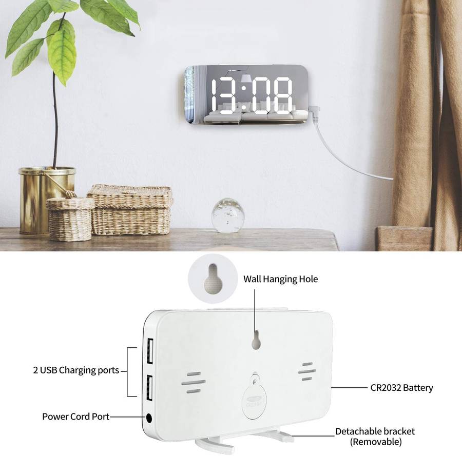 Large LED Display Mirrored Digital Alarm Clock with Dual USB