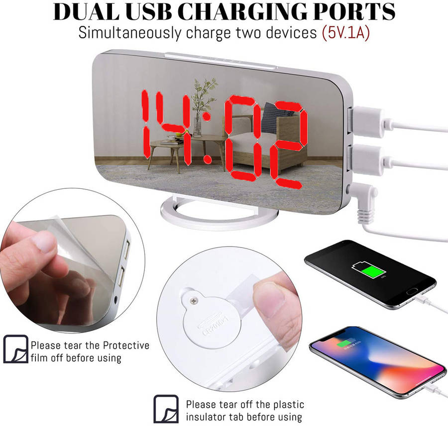Large LED Display Mirrored Digital Alarm Clock with Dual USB-White&Red