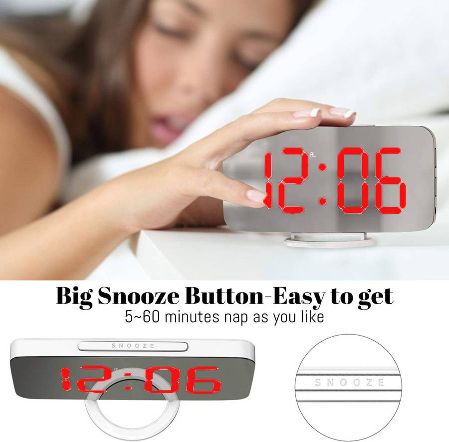 Large LED Display Mirrored Digital Alarm Clock with Dual USB-White&Red