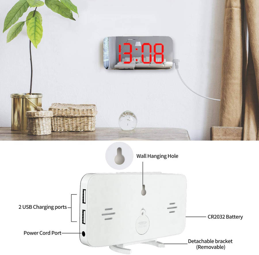 Large LED Display Mirrored Digital Alarm Clock with Dual USB-White&Red