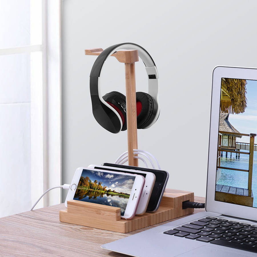 Wooden Desktop 3 Ports Headset Hanger Rack USB Charging Dock Station