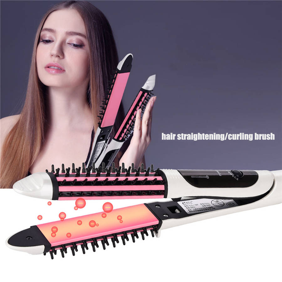 2 in 1 Hair curler Brush Electric straightening Iron-White