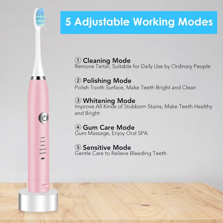 Electric Sonic Vibration Toothbrush with 6 Brush Heads - Pink