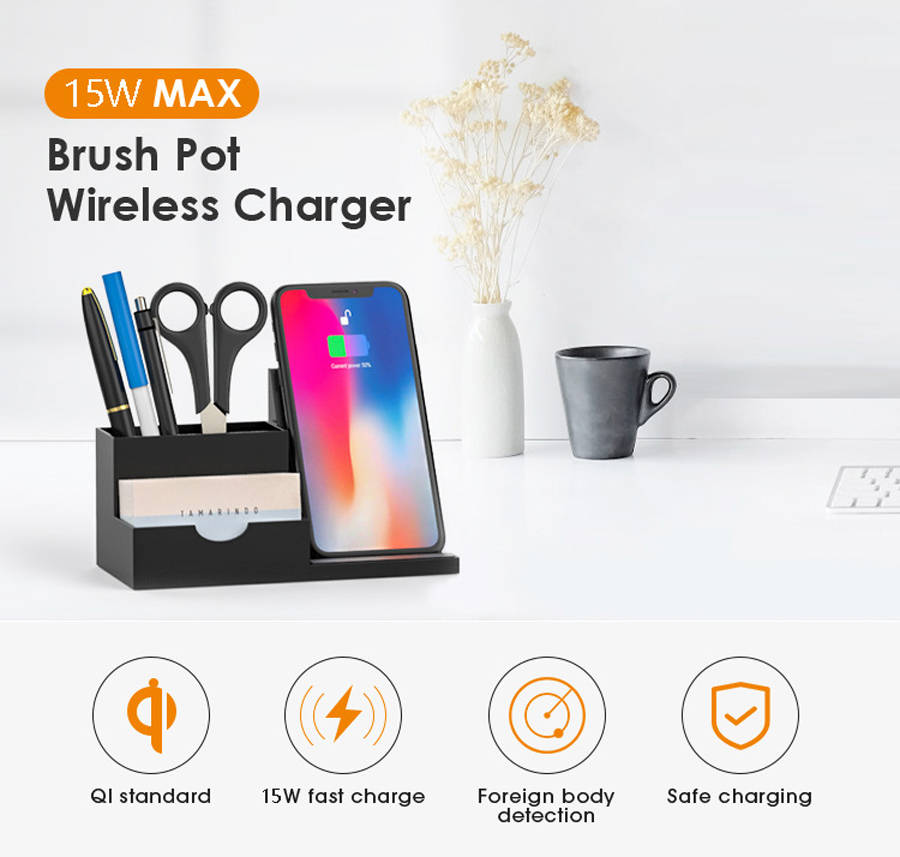Wireless Charger Desk Organizer Desktop Pen Holder Storage Box
