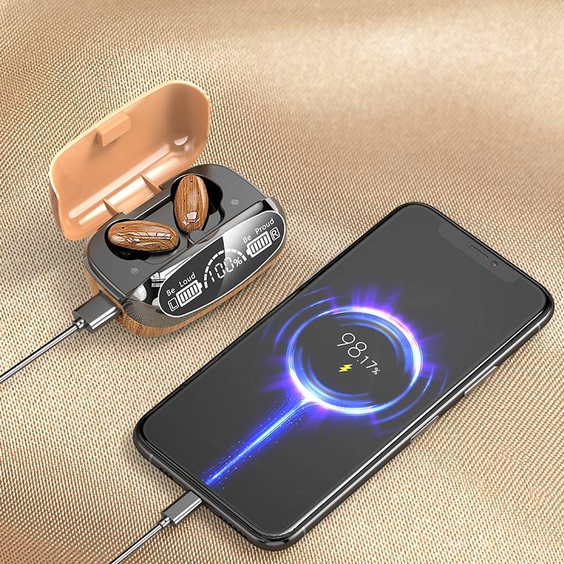 LED Display Charging Box Wood Grain Bluetooth 5.2 Wireless Headphone