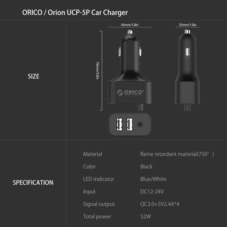 Portable UCP-5P 52W USB Car Charger