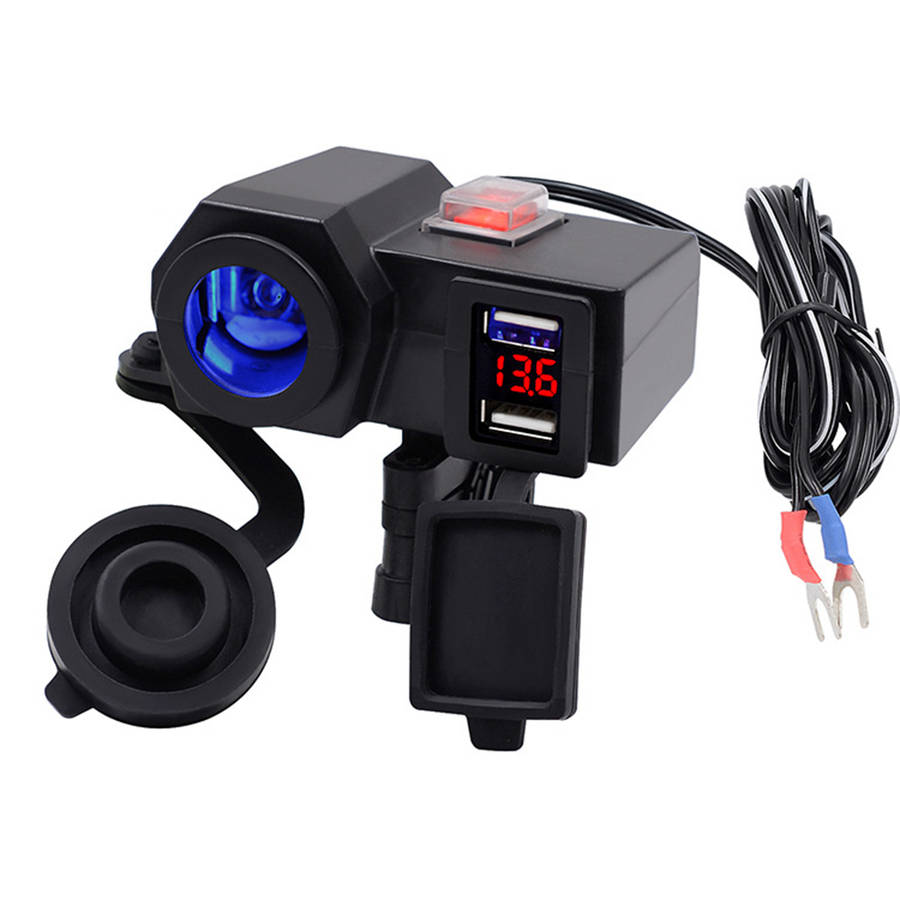Motorcycle Dual USB Charger With Cigarette Lighter Socket & Voltmeter