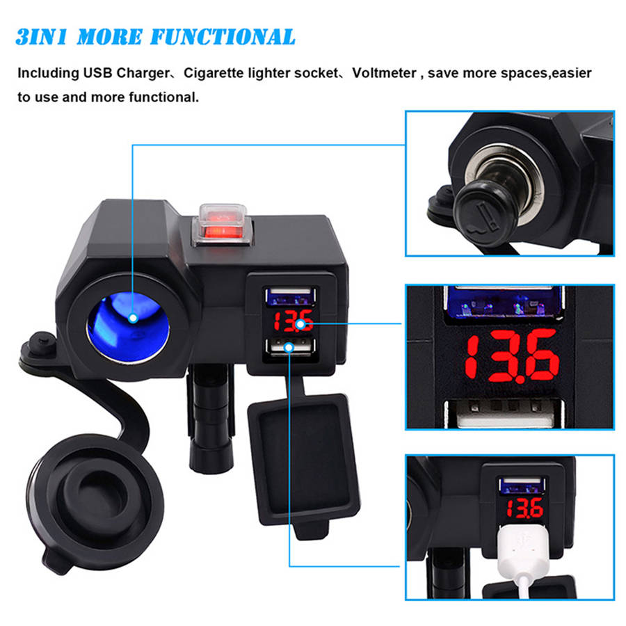 Motorcycle Dual USB Charger With Cigarette Lighter Socket & Voltmeter