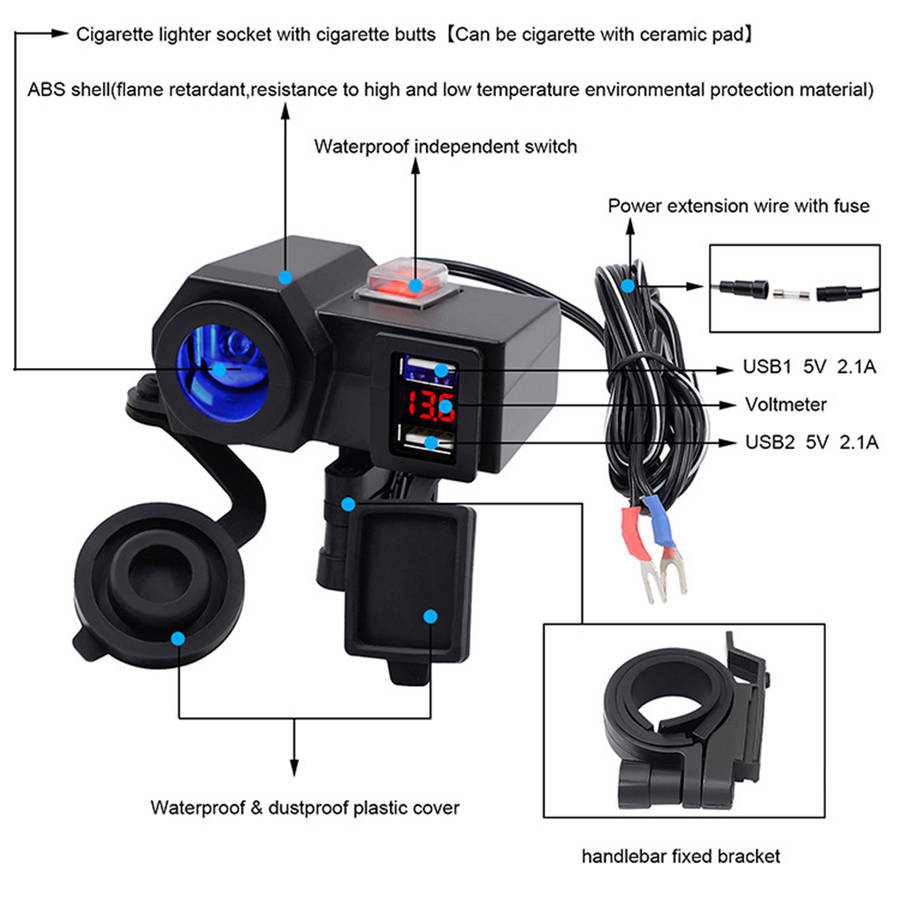 Motorcycle Dual USB Charger With Cigarette Lighter Socket & Voltmeter