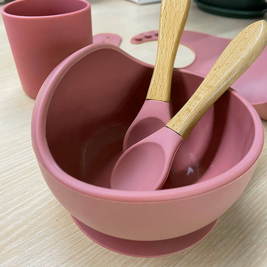 Baby Cutlery Set with Suction Cup 5 Piece Silicone Bowl - Red