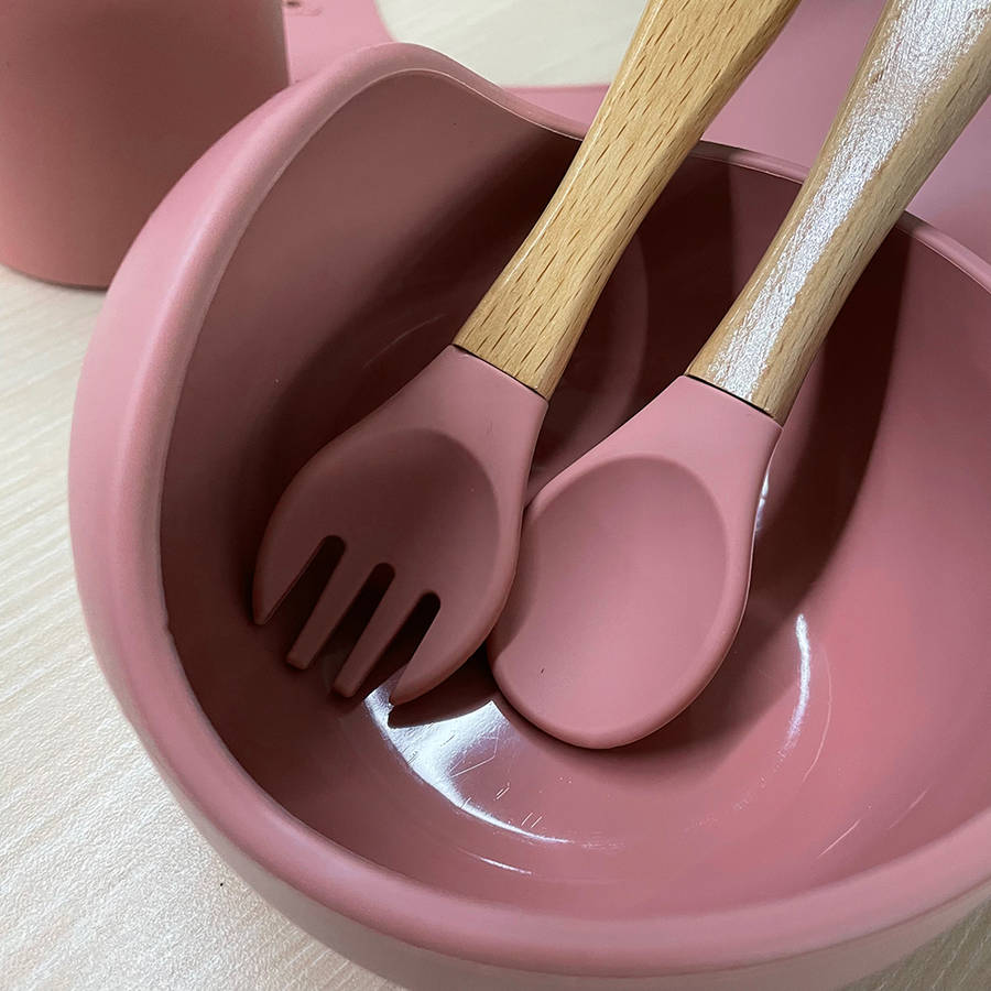 Baby Cutlery Set with Suction Cup 5 Piece Silicone Bowl - Red