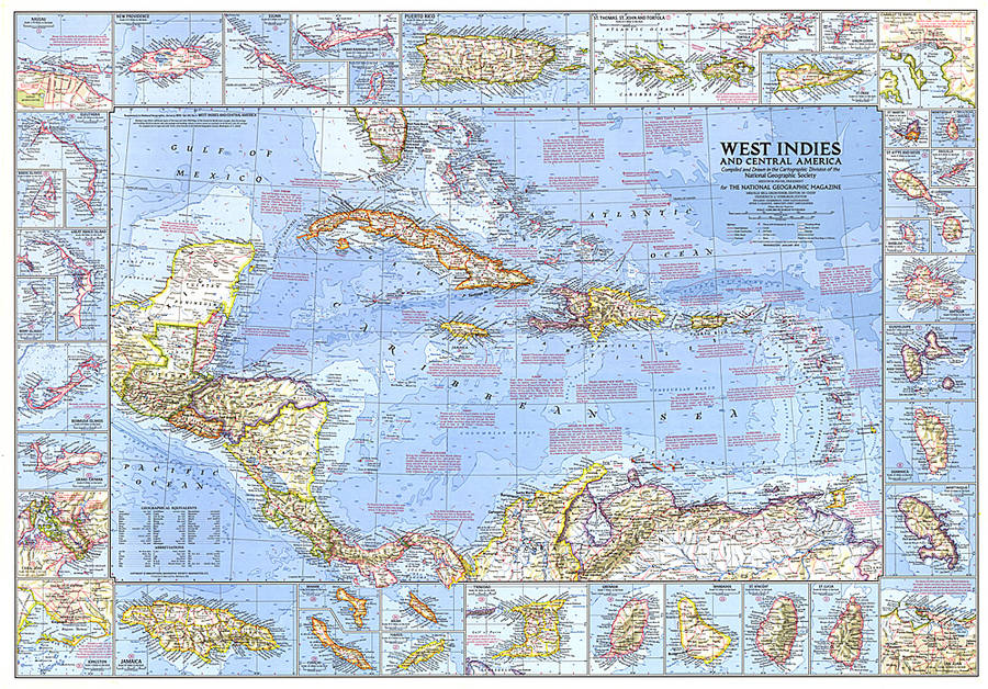 1970 West Indies and Central America Map. National Geopraphic. 38" x 26.5"