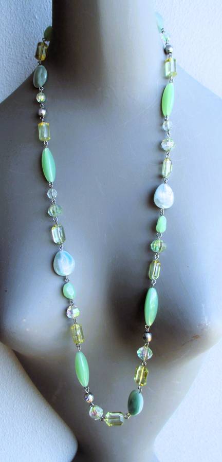 Vintage Murano Art Glass Beads Long Necklace. Mint green shades.