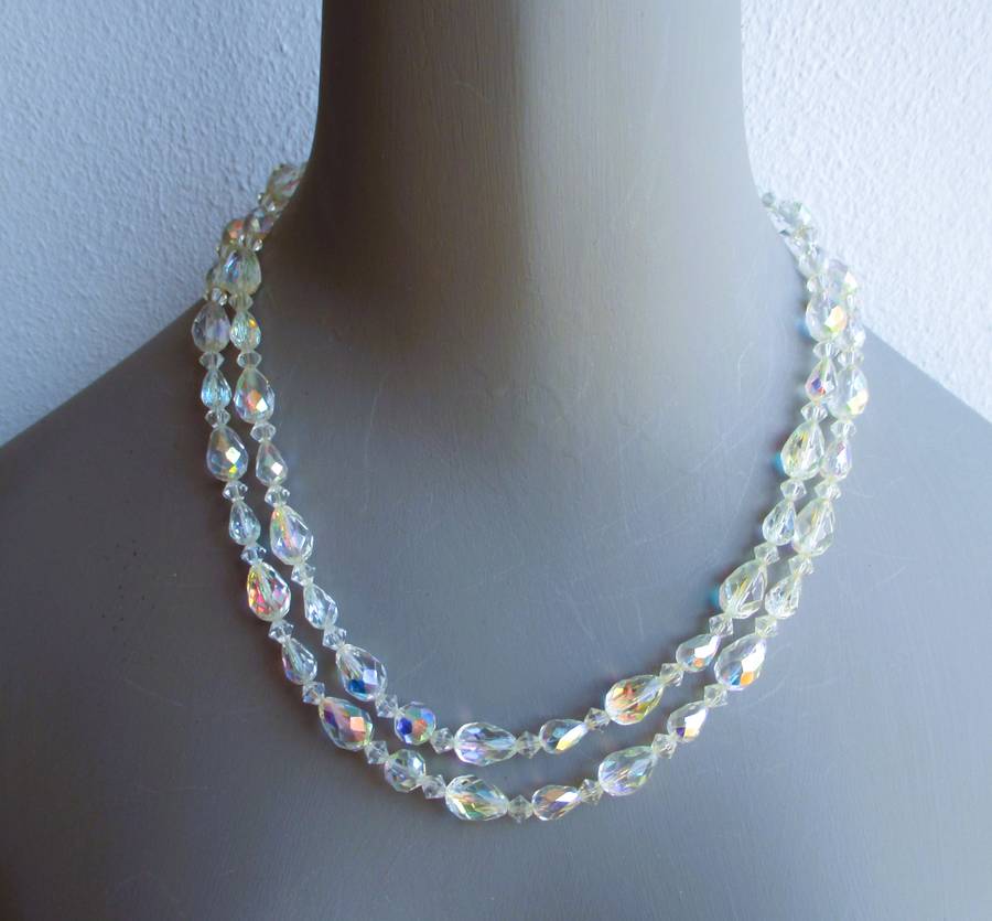 Vintage Aurora Borealis Double Strand Crystal Necklace. 40cm