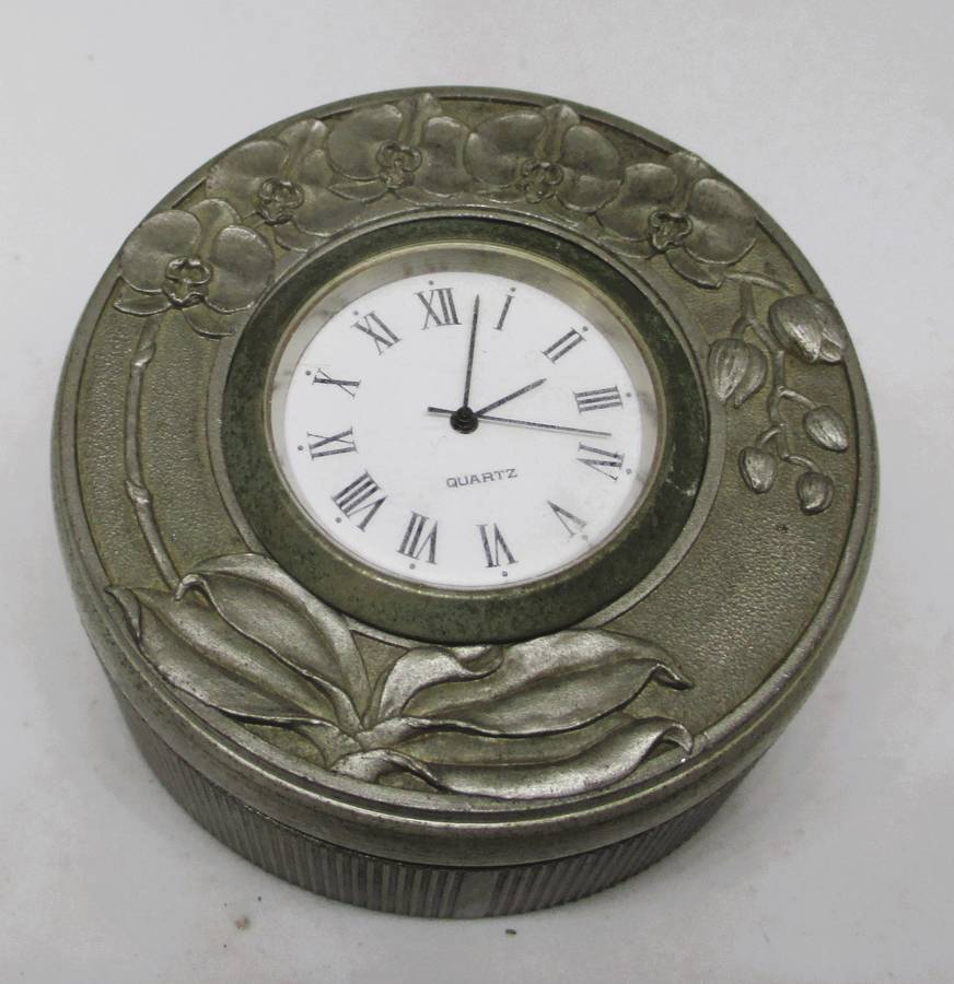Vintage Miniature  Desk Clock set in decorated Tumasek Pewter holder. 60x 65mm