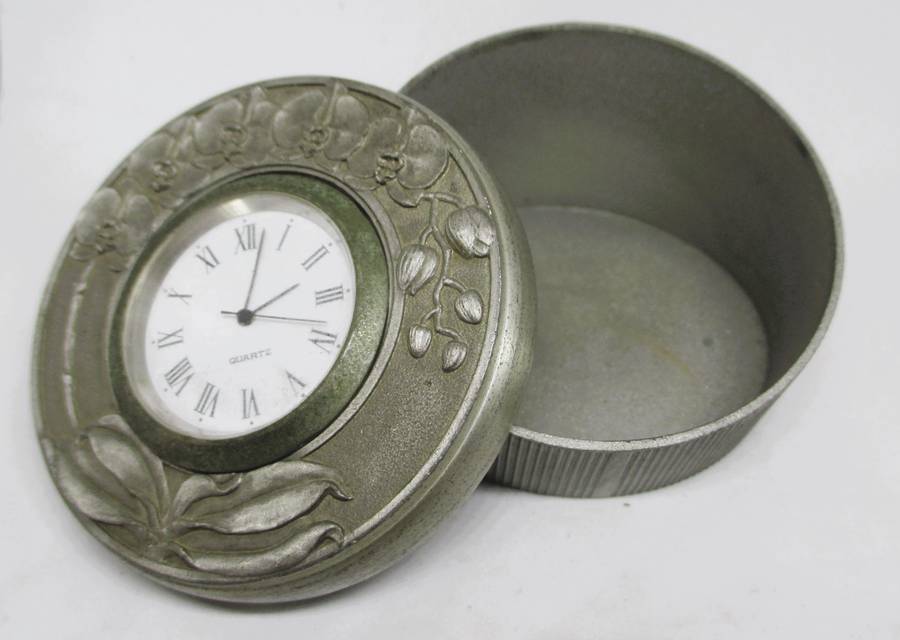 Vintage Miniature  Desk Clock set in decorated Tumasek Pewter holder. 60x 65mm