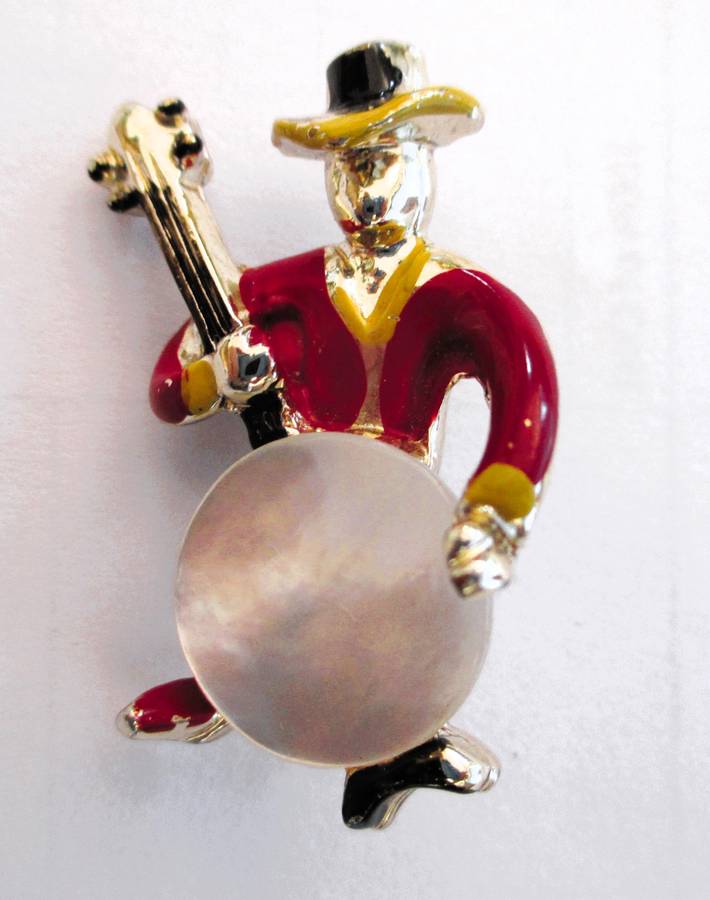 Mexican Guitarrón. Small Silver Toned and Enamel Brooch.