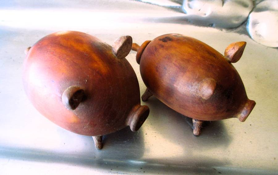 Two Salt & Paper Shaker Pigs Wood Danish Design, 1960s