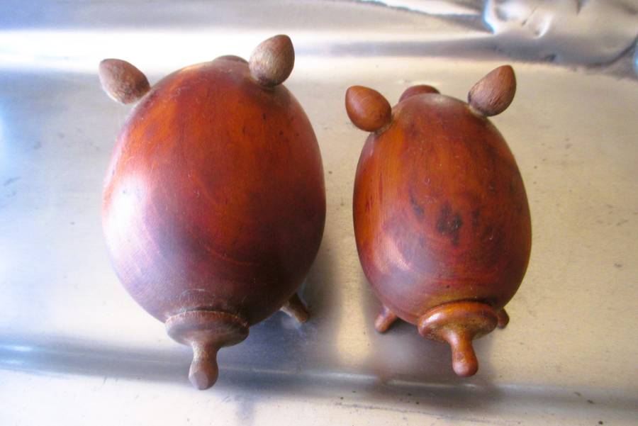 Two Salt & Paper Shaker Pigs Wood Danish Design, 1960s