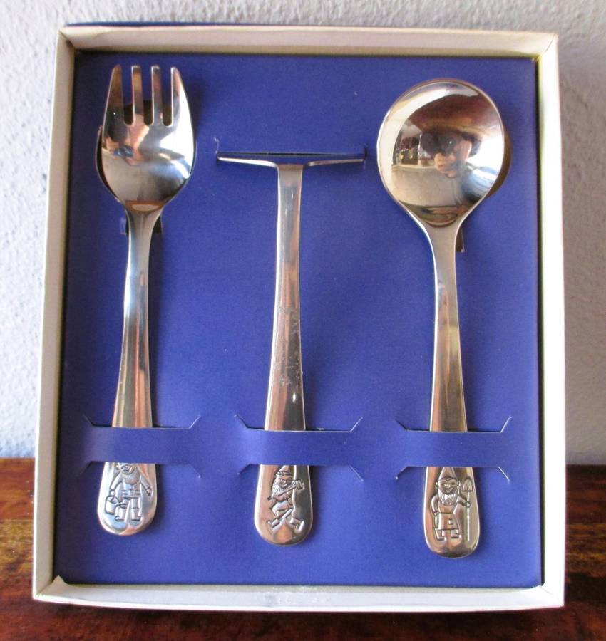 Vintage WMF children's cutlery set, Lustige Wichtel, knife, fork, spoon, Gnome design, boxed