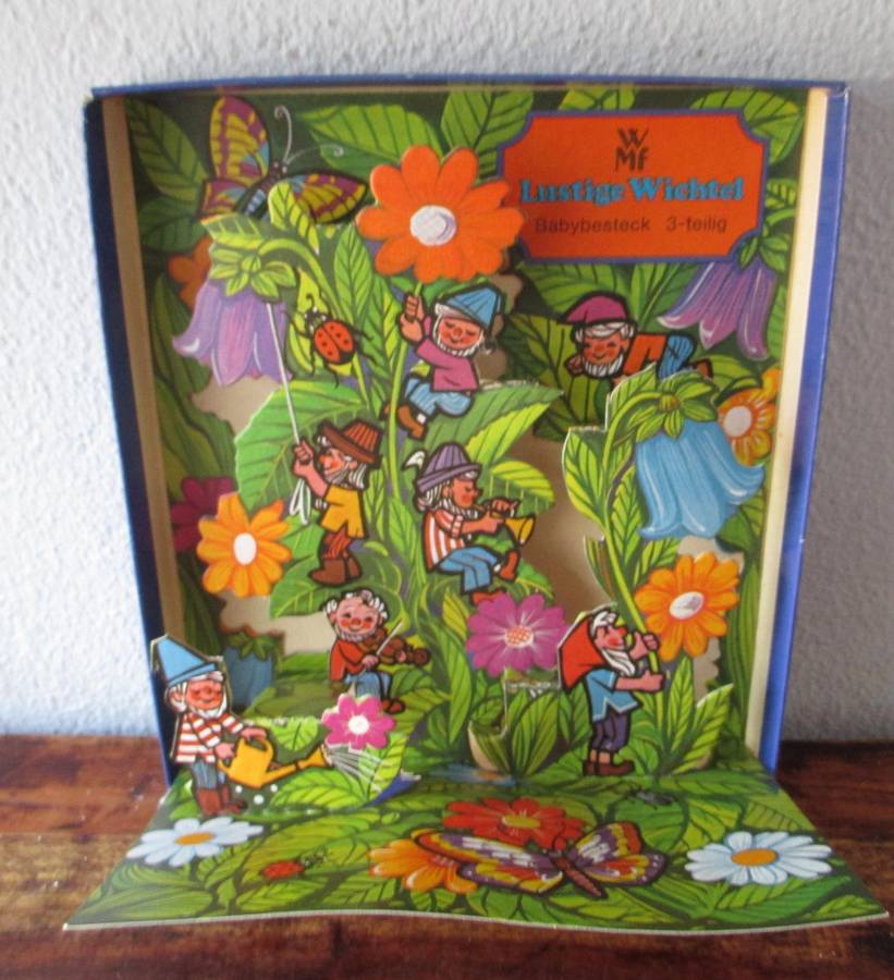 Vintage WMF children's cutlery set, Lustige Wichtel, knife, fork, spoon, Gnome design, boxed
